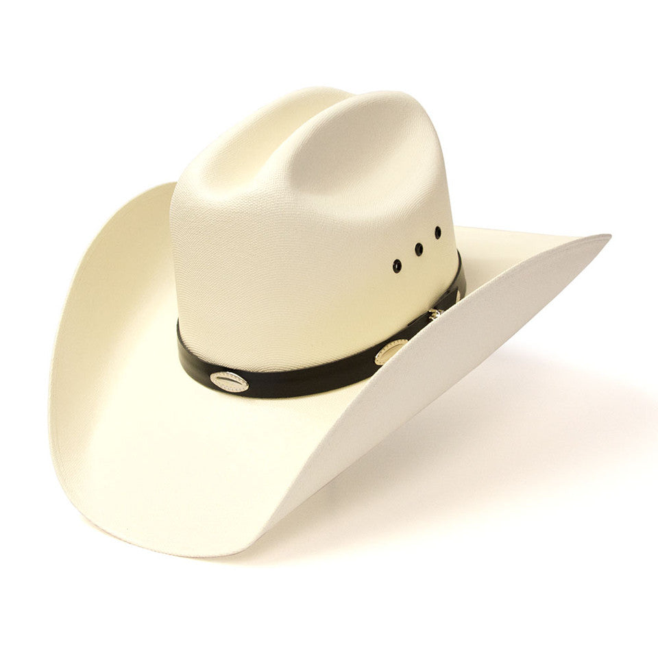 Cappello americano da cowboy in paglia naturale con fascia con concho argentato.