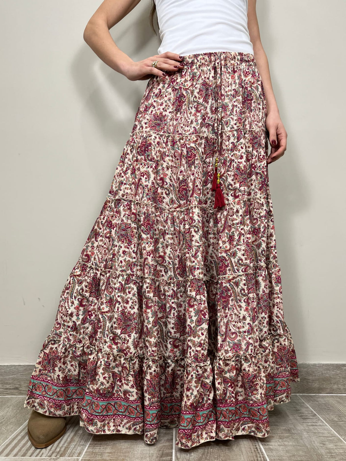 Maxi gonna lunga boho in seta fantasia Diamond Peach