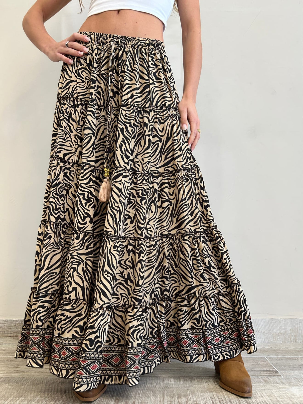 Maxi gonna lunga boho in seta fantasia Zebra Sand