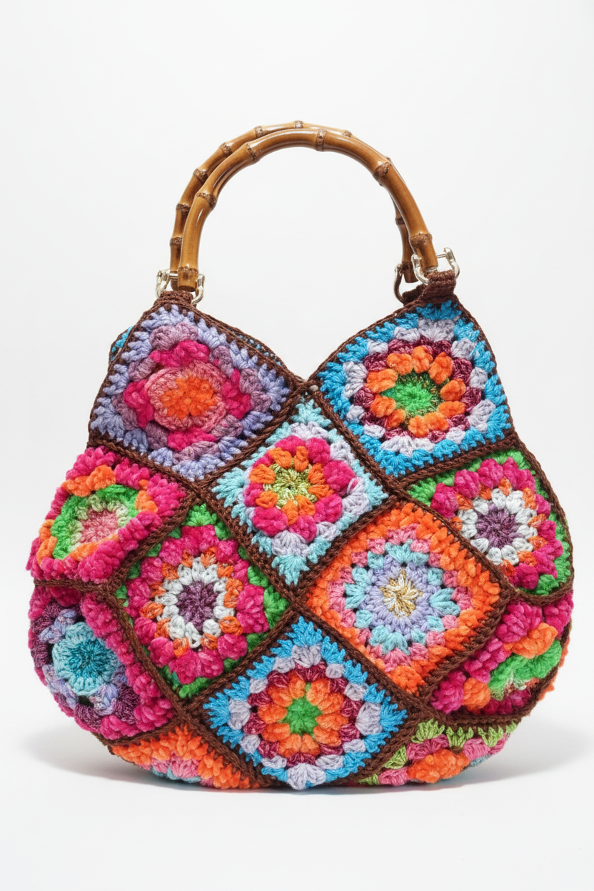 Borsa All'Uncinetto Granny Square con Manici in Bambù
