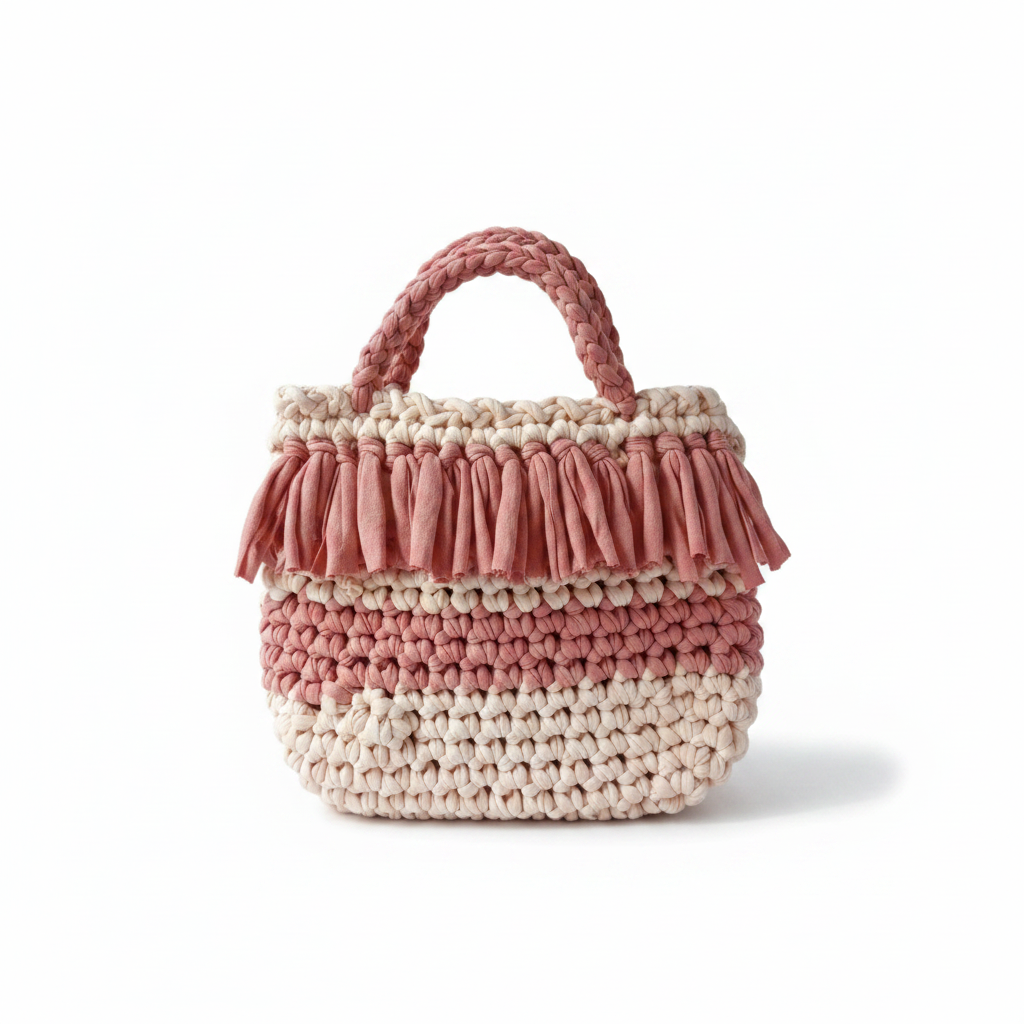 Borsa Boho Rosa e Panna a Mano in Fettuccia con Frange