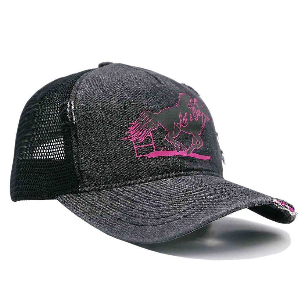 Cappellino in denim nero con la scritta "Let's Go" Cappellino da camionista in denim nero con la scritta "Let's Go" Cappellino da camionista in denim nero con la scritta "Let's Go" Cappellino da camionista in denim nero con la scritta "Let's Go"