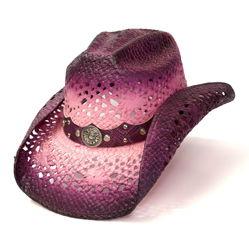 Cappello americano da cowboy di paglia rosa acceso con finiture viola