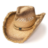 Cappello western in paglia di rafia con coulisse frontale e bordo sfrangiato