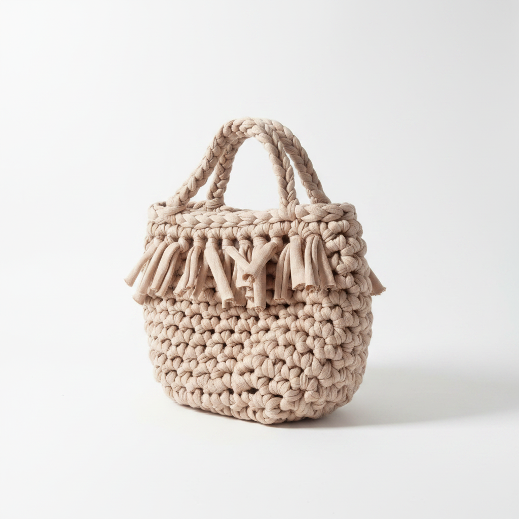 Borsa Boho Naturale a Mano in Fettuccia con Frange