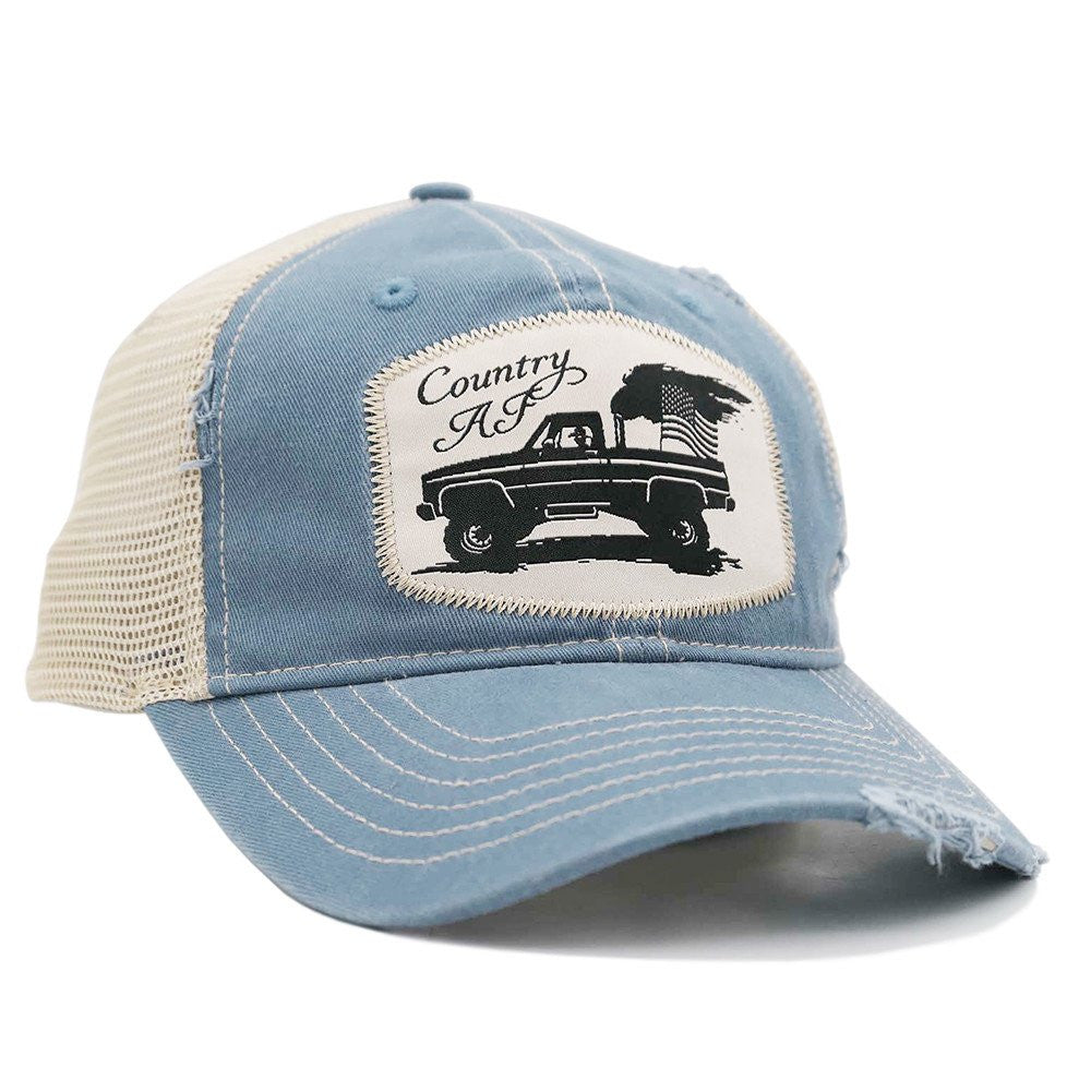 Cappellino da camionista blu con la scritta "Country AF".