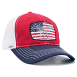 Cappellino  rosso e blu navy con la scritta "America First Never Second"